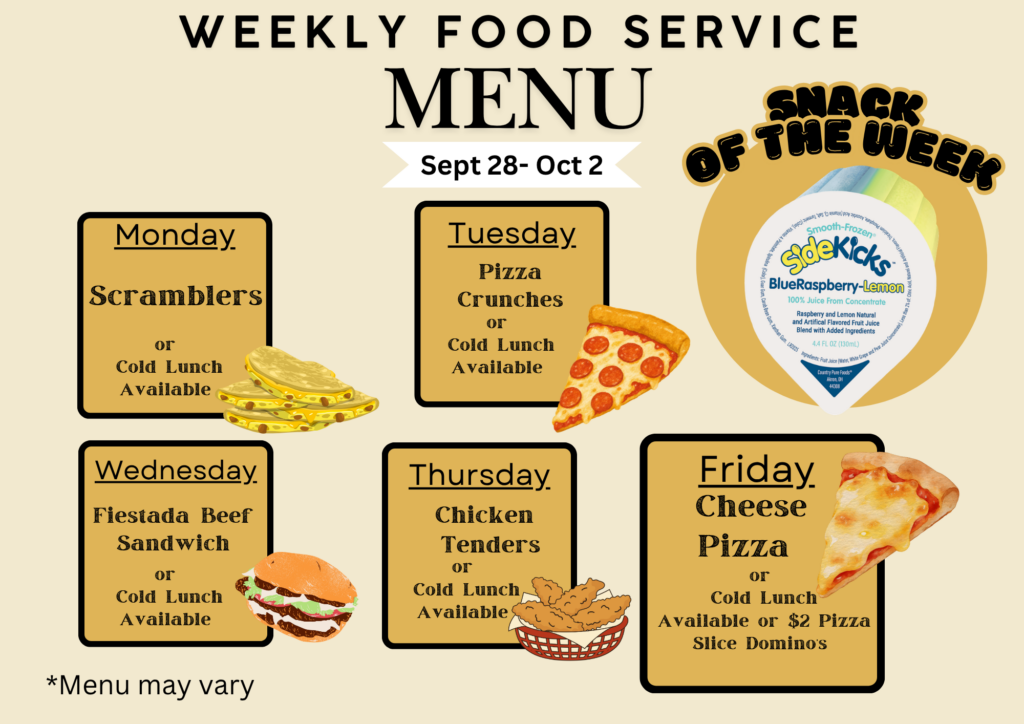 Lunch Menu Week of September 28 through October 2.